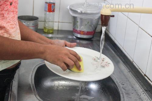 家庭厨房中正在清洗保鲜参的过程