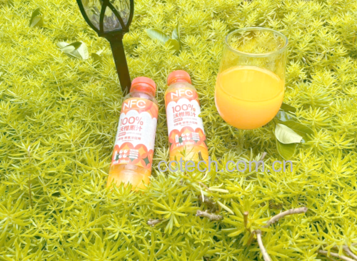 木质餐桌上摆放三款不同应用形式的NFC夏黑葡萄原汁制品：玻璃瓶原汁、紫色纸杯冰棒、小碟蘸酱配蔬菜条