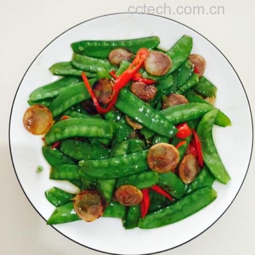 成品青豌豆炖肥肠特写,肥肠油亮红润,青豌豆碧绿完整,汤汁浓而不稠,整体色泽诱人
