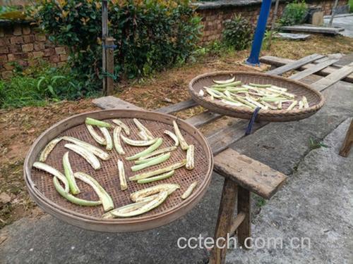 干燥茄子把柄特写,置于竹编托盘上