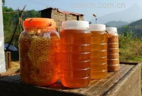养蜂人家中摆放的多种蜂蜜产品