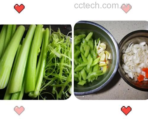 芹菜和西红柿炒制前的食材准备